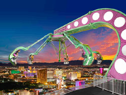 Stratosphere Las Vegas - Insanity-The Ride at the Stratosphere - Insanity-The Ride at the ... - Max Ride Distance: 68-foot distance between passenger and swinging arm base   on tower. Ride Height: 40 feet from observation deck, 906 feet above the LasÂ ...