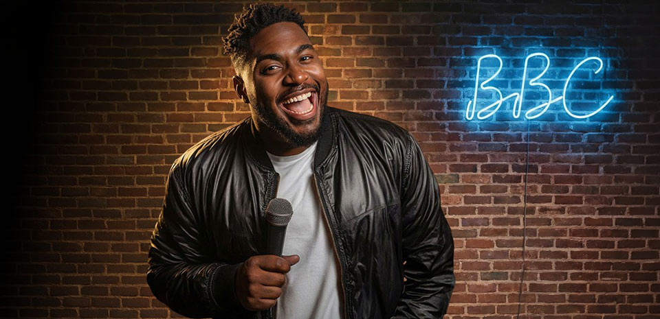 Stand-up comedian working a packed Las Vegas comedy theater crowd under warm stage lights