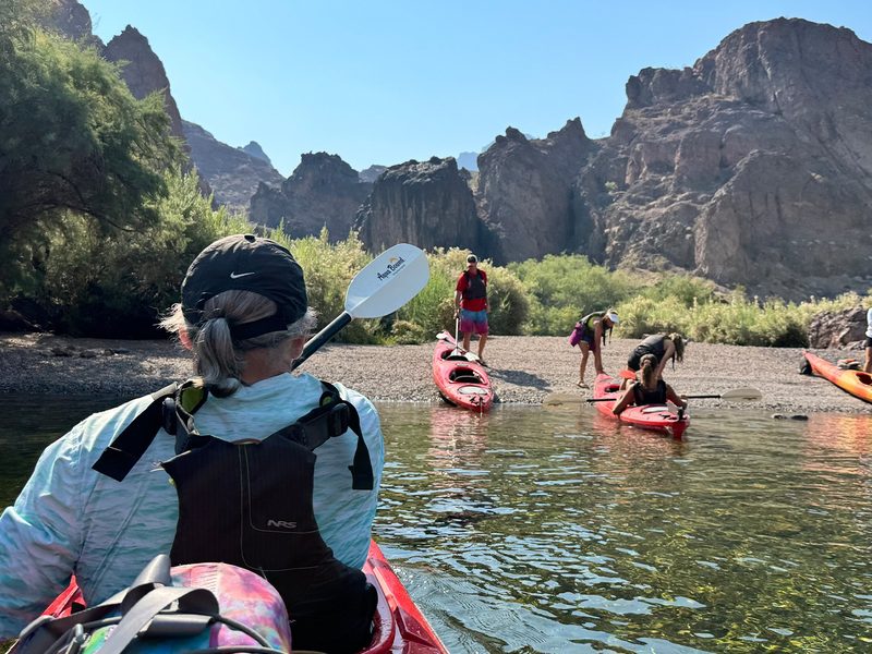 Black Canyon Kayak Tour - Kayakers pause along a quiet shoreline surrounded by rugged cliffs and desert greenery.