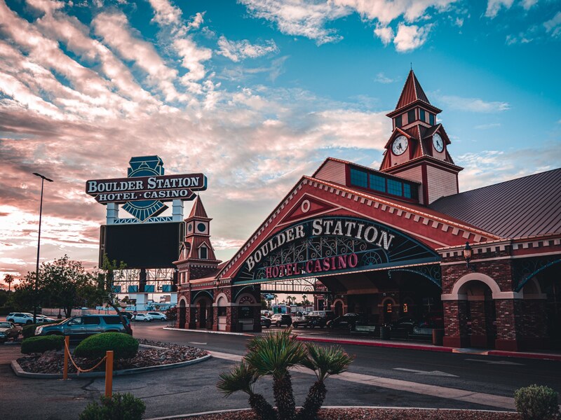 Boulder Station Casino exterior at dusk.