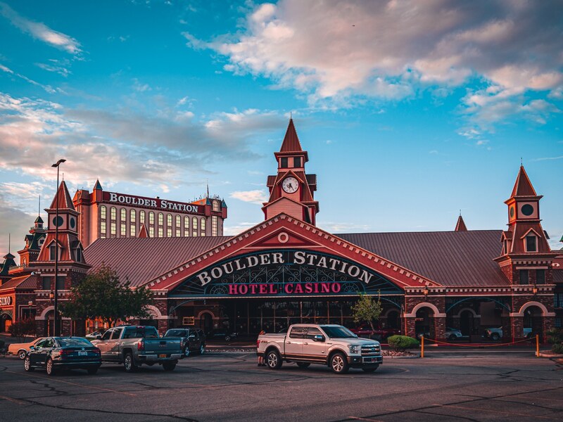 A wide view of the Boulder Station Casino exterior.