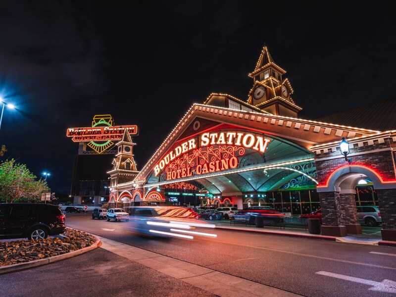 Boulder Station Casino illuminated at night.