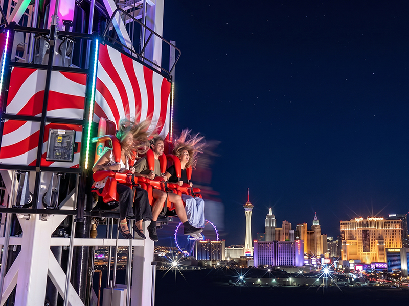 Eye Dropper - Riders experience the thrilling 200-foot Eye Dropper with dazzling nighttime views of the Las Vegas skyline.