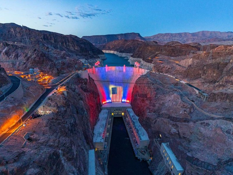 Hoover Dam – Celebrate America250 - Hoover Dam glows red, white, and blue for the limited-time America250 celebration.