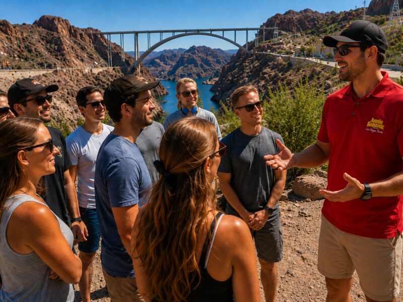Hoover Dam Small Group Sunset Tour with BBQ Dinner Experience - A tour guide speaks to a small group near Hoover Dam