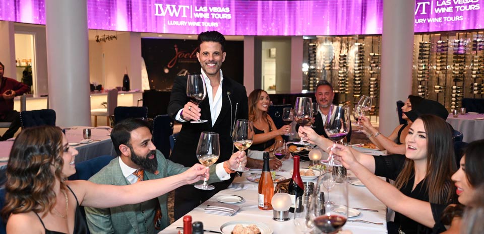 Las Vegas Wine Tour luxury party bus sommelier tasting at Strip restaurants