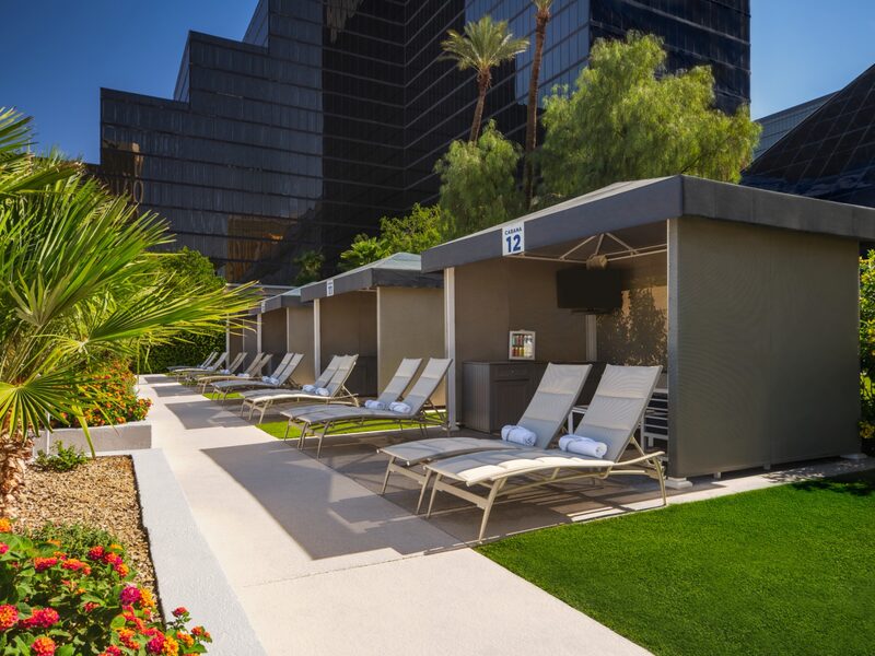 Private cabanas offer shaded comfort, dedicated loungers, and a relaxing retreat beside the Oasis Pool at Luxor.
