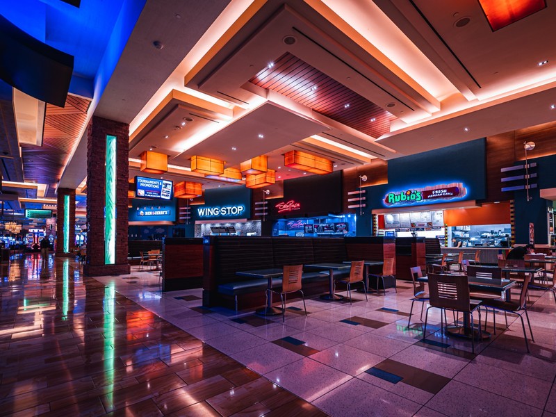 The food court offers a convenient collection of casual dining options in a bright, contemporary space near the casino floor.