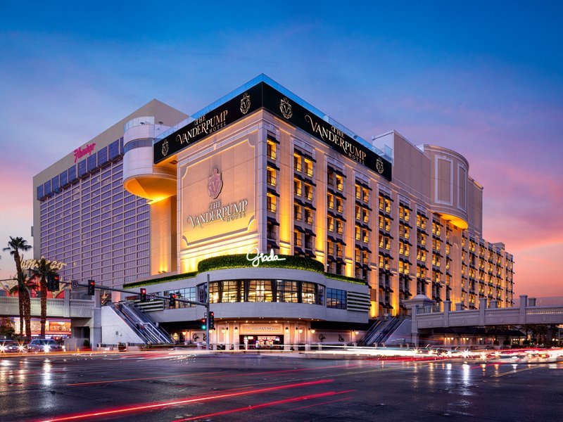 The Vanderpump Hotel exterior shines along the Las Vegas Strip with its elegant, boutique-inspired design.