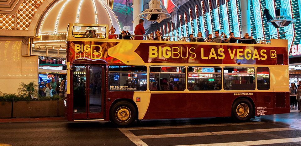 Big Bus Las Vegas panoramic night tour neon lights double-decker